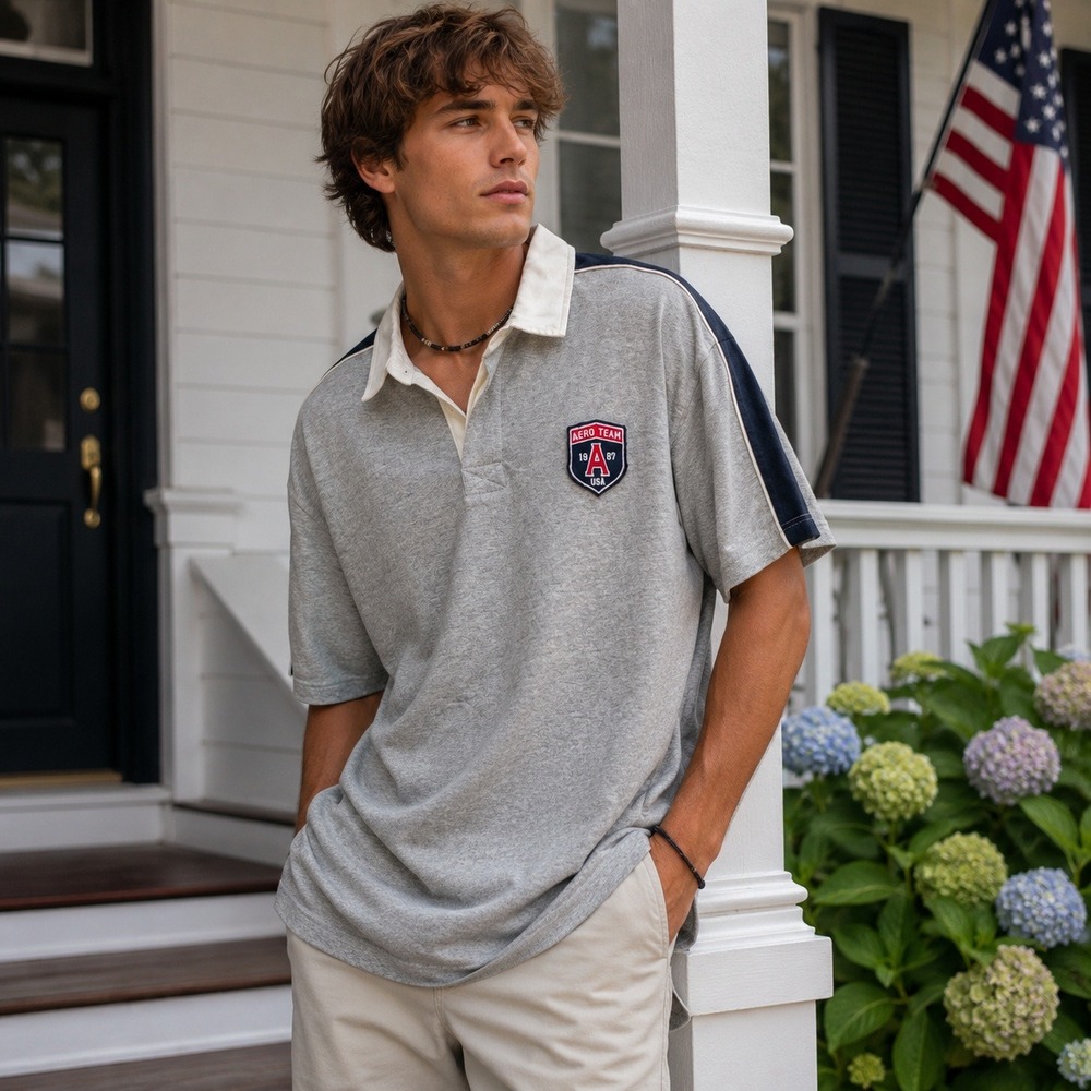 New Vintage Y2K Aeropostale Mens Rugby Polo Shirt Sz XL Gray Preppy Streetwear